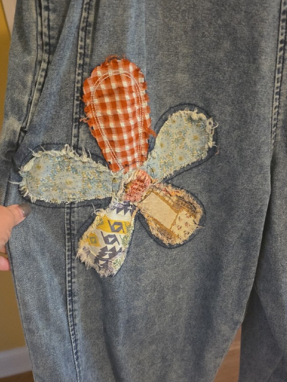 easel Blue Denim Overalls with Floral Patch Accents - Picture 2 of 5